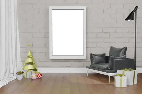 圣诞新年主题中现代室内环境下框架海报模型的3D渲染说明 — 图库照片