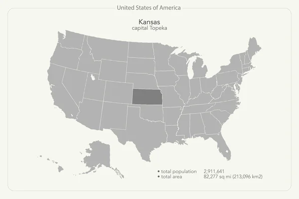Vereinigte staaten von amerika isolierten karte und kansas staatsgebiet. Vektor USA eine politische Landkarte. Vorlage für geografische Banner — Stockvektor