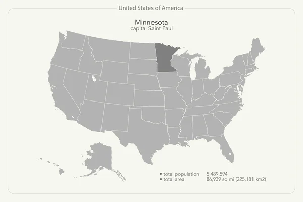 Mapa aislado de los Estados Unidos de América y territorio estatal de Minnesota. vector mapa político de EE.UU.. plantilla de banner geográfico — Vector de stock