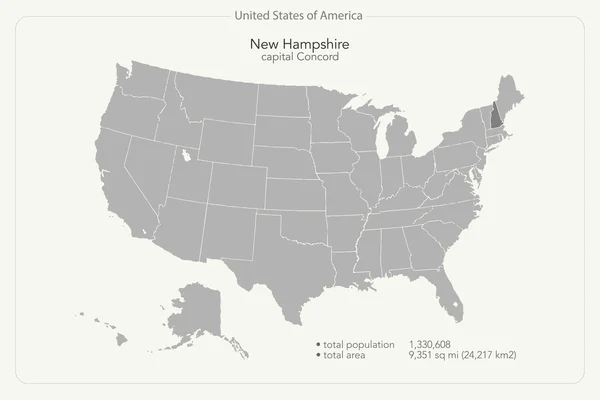 Stany Zjednoczone na białym tle, mapa i terytorium stanu New Hampshire. wektor Mapa polityczna Usa. szablon transparent geograficzny — Wektor stockowy