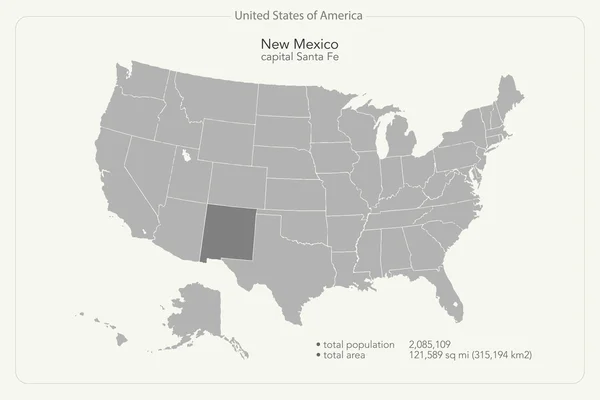 Mapa aislado de Estados Unidos de América y territorio del Estado de Nuevo México. vector mapa político de EE.UU.. plantilla de banner geográfico — Archivo Imágenes Vectoriales