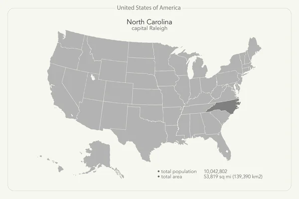 Mapa aislado de los Estados Unidos de América y territorio del estado de Carolina del Norte. vector mapa político de EE.UU.. plantilla de banner geográfico — Vector de stock