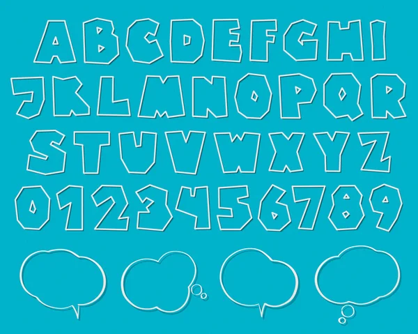 Conjunto de etiquetas de papel blanco, letras del alfabeto con estilo, números y burbujas de voz sobre fondo azul. vector, diseño de tipo de fuente de estilo 3d. línea delgada iconos de tipografía y nubes caja de texto Ilustraciones De Stock Sin Royalties Gratis