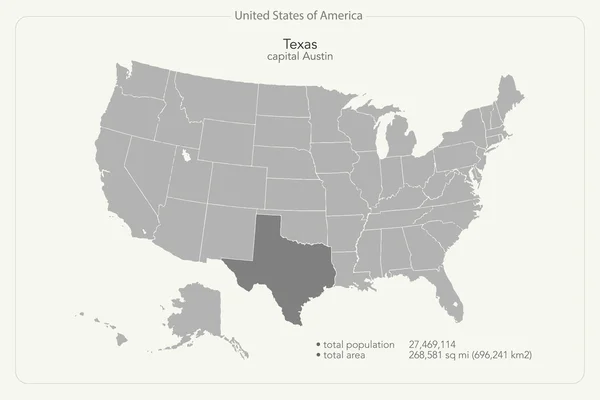 Spojené státy americké, samostatný mapa a území státu Texas. vektorové Usa politickou mapu. Šablona geografické nápisu — Stockový vektor