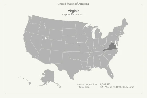 Spojené státy americké, samostatný mapa a území státu Virginie. vektorové Usa politickou mapu. Šablona geografické nápisu — Stockový vektor