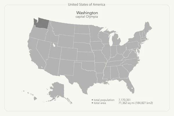 Verenigde Staten van Amerika geïsoleerd kaart en het grondgebied van de staat Washington. politieke kaart van de V.s. vector. sjabloon voor geografische spandoek — Stockvector