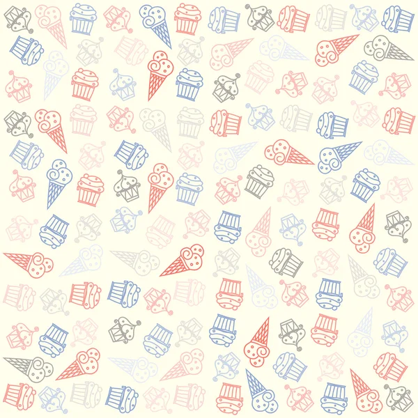 Helado dibujado a mano y patrón sin costuras panecillo. vector cono helado y cupcakes fondo. estilo vintage panadería postres y pasteles fondo de pantalla. diseño de banner de fiesta de cumpleaños — Archivo Imágenes Vectoriales