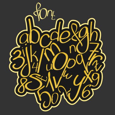 set of calligraphic alphabet letters and numbers isolated on black background. vector, handwritten font type design. creative poster hand drawn typesetting