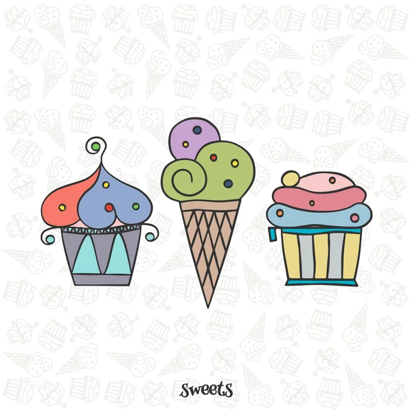 Sada ručně kreslené zmrzlinové ikony nad cukrárně, bezproblémové vzory. vektor zmrzlinového kužele a logo dortíků. typ ročníku pekařství zákusky a zákusky dekorační prvky. návrh nápisu oslavy narozenin — Stockový vektor