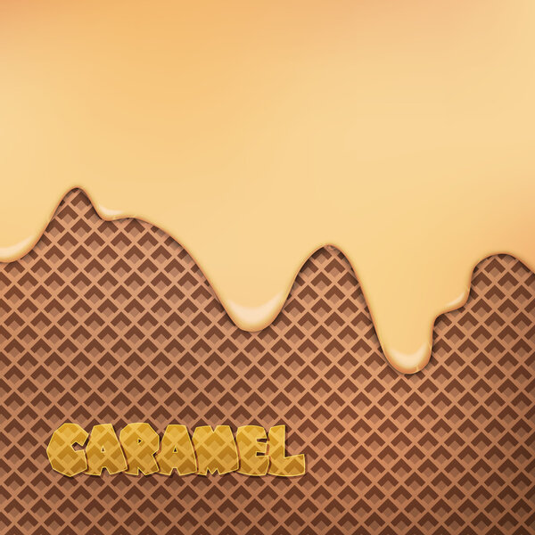 плавающий карамельный крем поверх шоколадной вафли. векторный фон десерта. Дизайн сладкой еды крупным планом. декор меню пекарни с капельным мороженым и печеньем из какао
