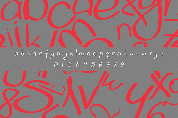 Набор букв и цифр каллиграфического алфавита, выделенных на сером фоне. векторный, рукописный тип шрифта. творческий постер, рисованный вручную — стоковый вектор