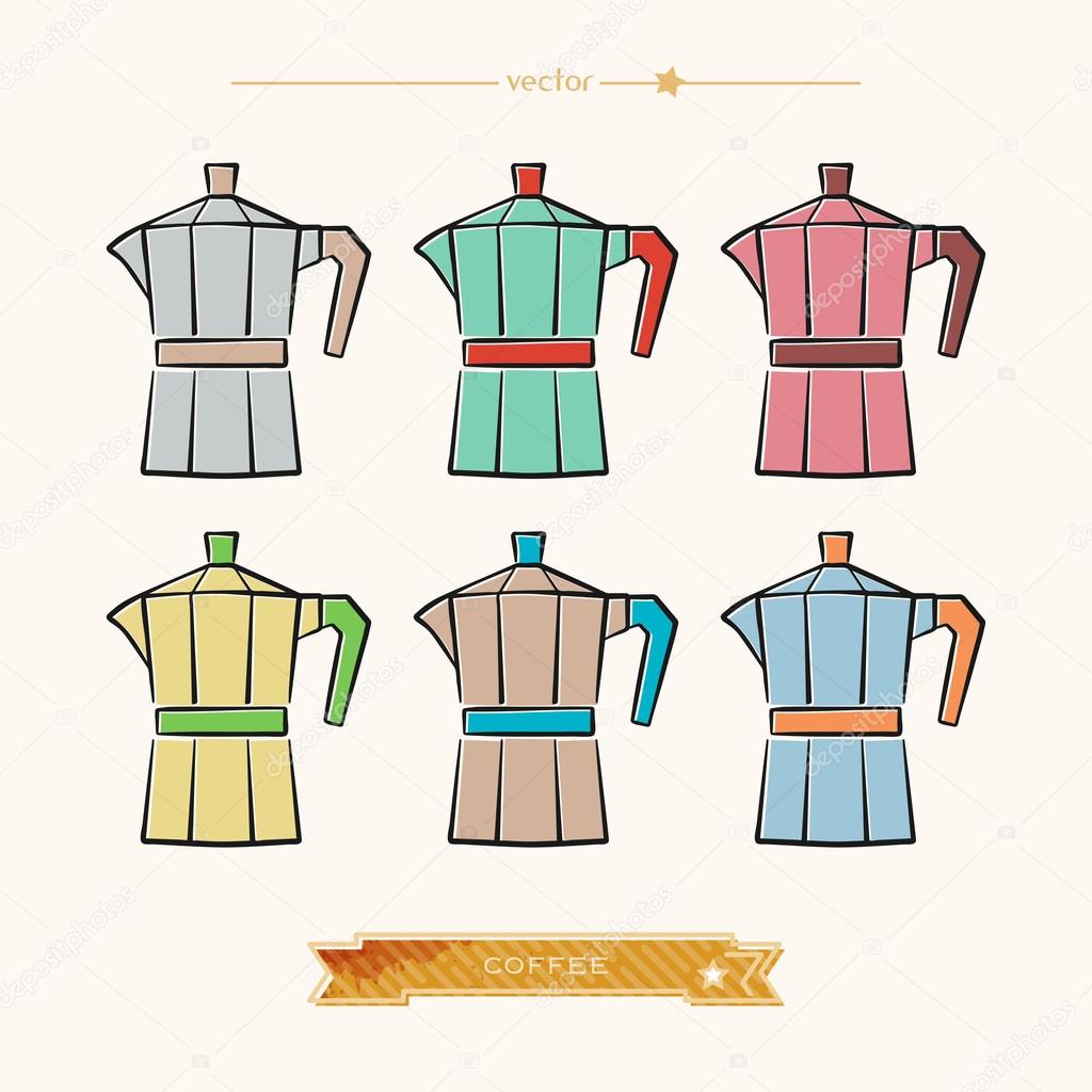 insieme della macchina del caff¨ in stile colorato italiano isolata su priorit  bassa bianca Vector icone di vaso classico moka annata