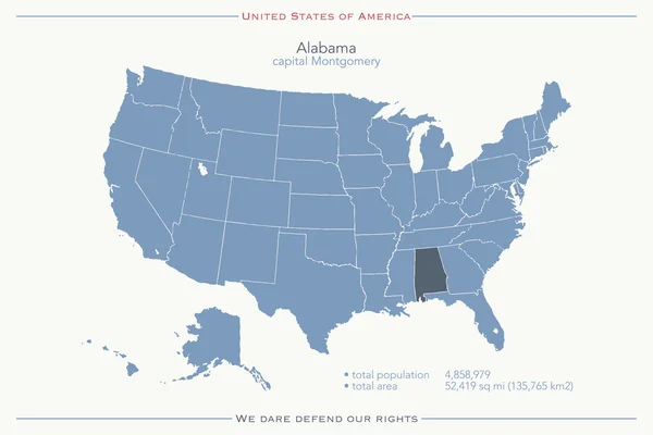 Spojené státy americké, samostatný mapa a území státu Alabama. vektorové Usa politickou mapu. návrh geografického nápisu — Stockový vektor