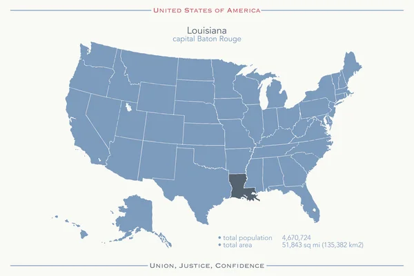 Vereinigte staaten von amerika isolierte karte und louisiana staatsterritorium. Vektor USA eine politische Landkarte. Vorlage für geografische Banner — Stockvektor