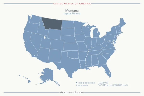 Spojené státy americké, samostatný mapa a území státu Montana. vektorové Usa politickou mapu. Šablona geografické nápisu — Stockový vektor