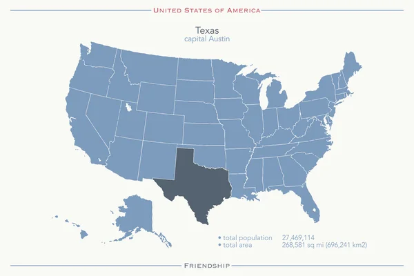 Spojené státy americké, samostatný mapa a území státu Texas. vektorové Usa politickou mapu. Šablona geografické nápisu — Stockový vektor