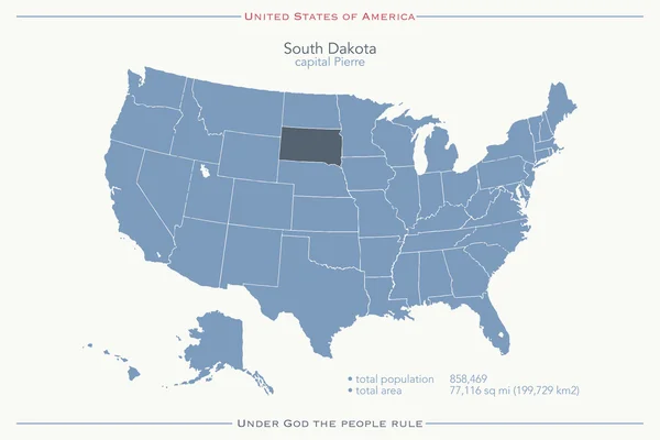 Spojené státy americké, samostatný mapa a území státu Jižní Dakota. vektorové Usa politickou mapu. Šablona geografické nápisu — Stockový vektor