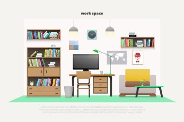 çağdaş iş yerinde ahşap mobilya ve profesyonel araçlar. vektör, düz stil ofis iç tasarım. zarif çalışma alanı illüstrasyon. yaşam tarzı ve çalışma kavramı, daire dekorasyon