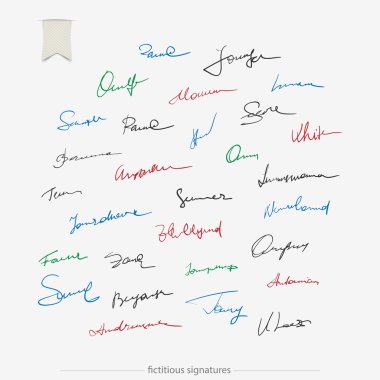 set of colorful, fictitious signatures isolated on white background. vector personal autograph collection. document subscribing concept, business accord sign