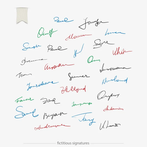 Sada barevných, fiktivní podpisů izolovaných na bílém pozadí. vektorové osobní sbírka autogramů. dokumentu předplatitelskou koncepce, obchodní dohodě znamení — Stockový vektor
