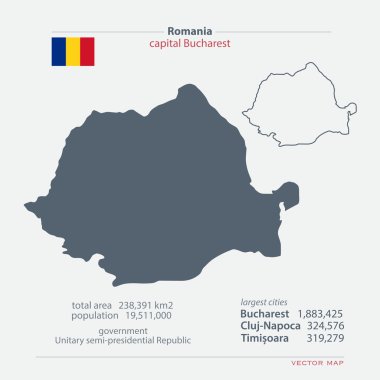 Romanya haritalar ve resmi bayrak simgesi izole. Romen siyasi harita simgeleri genel bilgiler ile vektör. Avrupa devlet coğrafi banner şablon. seyahat ve iş kavramı vektör
