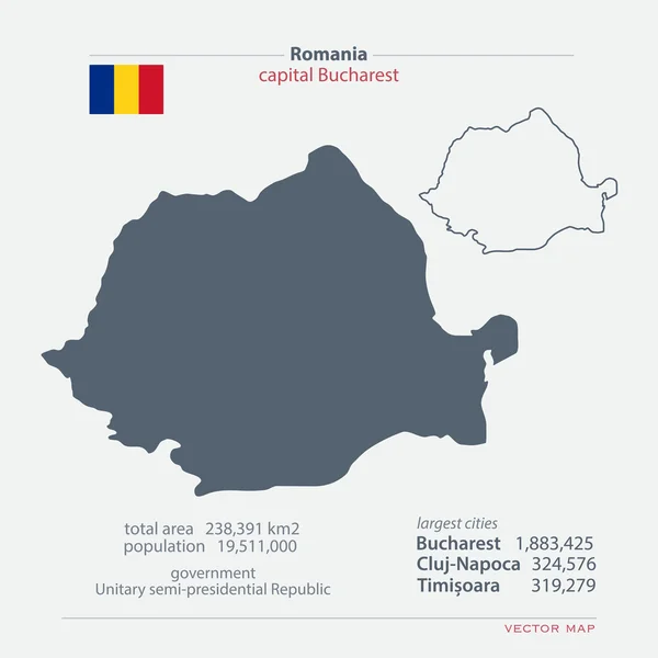 Rumania aisló mapas e icono oficial de la bandera. vector rumano mapa político iconos con información general. Plantilla de banner geográfico del Estado europeo. viaje y concepto de negocio vector — Vector de stock