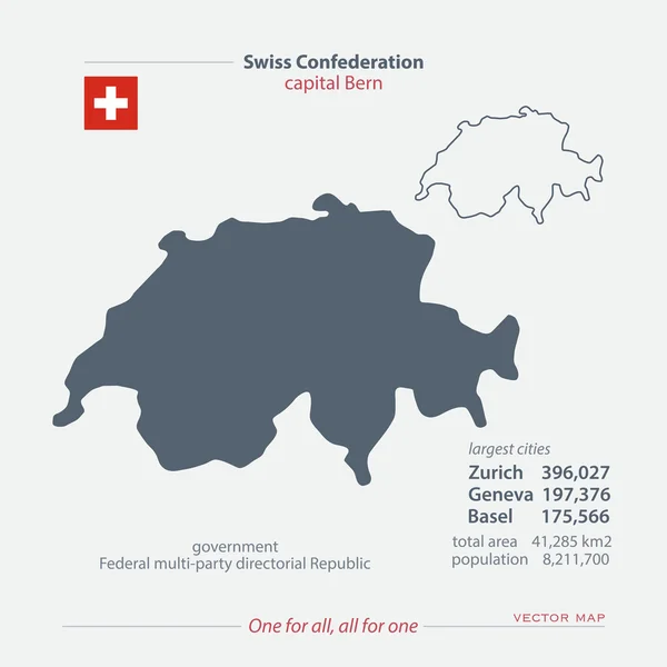 Mappa isolata della Confederazione svizzera e icona ufficiale della bandiera. vector Icone della mappa politica svizzera con informazioni generali. Svizzera modello di banner geografico. mappa dei viaggi e dei concetti di business — Vettoriale Stock