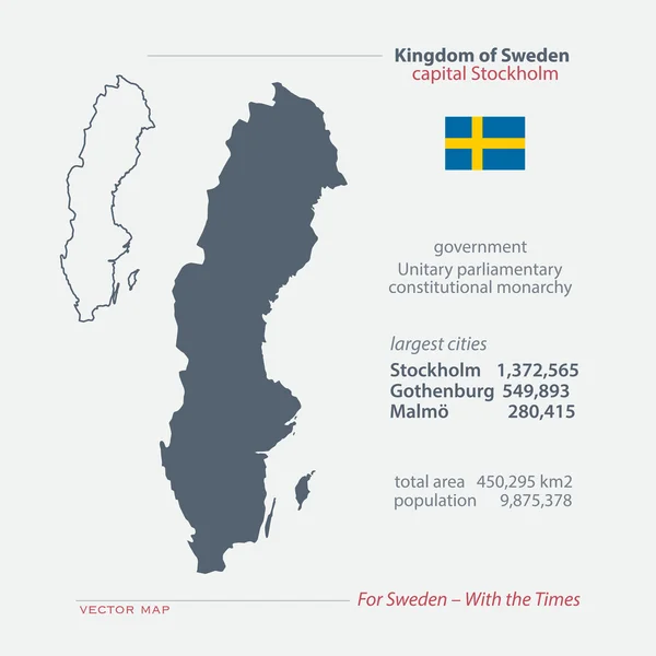 Reino de Suecia mapas aislados e icono oficial de la bandera. vector Sueco iconos mapa político con información general. Plantilla de banner geográfico sueco. mapa conceptual de viajes y negocios — Vector de stock