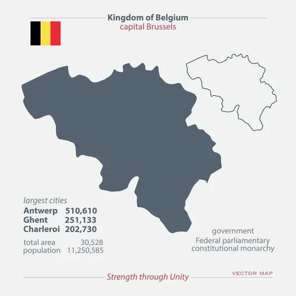 Belgické království, samostatný mapy a oficiální vlajka ikonu. vektorové ikony belgická politická mapa s všeobecné informace. Evropská unie šablona geografické nápisu. cestování a obchodní koncept mapa — Stockový vektor