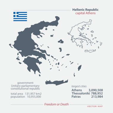 Yunanistan Cumhuriyeti izole haritalar ve resmi bayrak simgesi. vektör Yunanistan siyasi harita simgeleri genel bilgi ile. Avrupa ülke coğrafi afiş şablonu