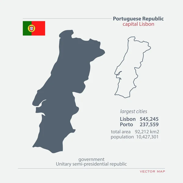 Portugalská republika izolované mapy a oficiální vlajkovou ikonu. Vector Portugalsko ikony politické mapy s obecnými informacemi. Šablona zeměpisného nápisu evropského státu — Stockový vektor