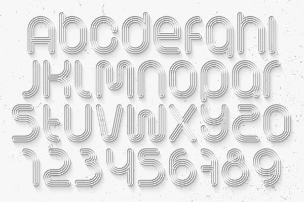 Ensemble de lettres et de chiffres alphabet de style sportif sur fond blanc. vecteur, conception de type de police 3d. conception de piste en cours d'exécution composition. ligne fine et longue police d'ombres — Image vectorielle