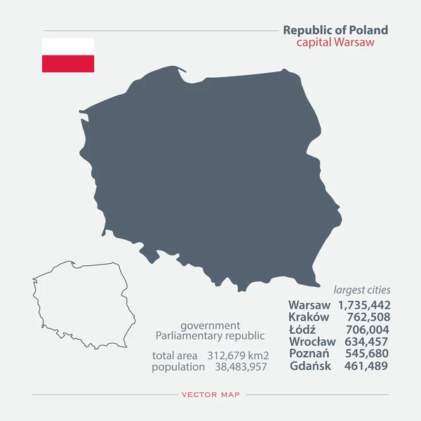 République de Pologne cartes isolées et icône officielle du drapeau. vecteur icônes de carte politique polonaise avec des informations générales. Modèle de bannière géographique du pays européen — Image vectorielle