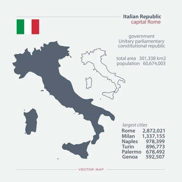 Carte isolée de la République italienne et icône officielle du drapeau. vecteur Italie carte politique icônes avec des informations générales. Modèle de bannière géographique Méditerranée, pays européen — Image vectorielle