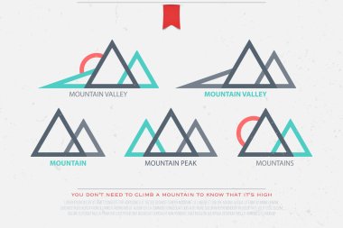 soyut yüksek dağlar vektör simgeleri kümesi. seyahat ve kaya tırmanışı konsept logosu. manzara grafik tasarım. dağ vadisi logotürü. grunge arka plan üzerinde vektör montain tepe sembolü