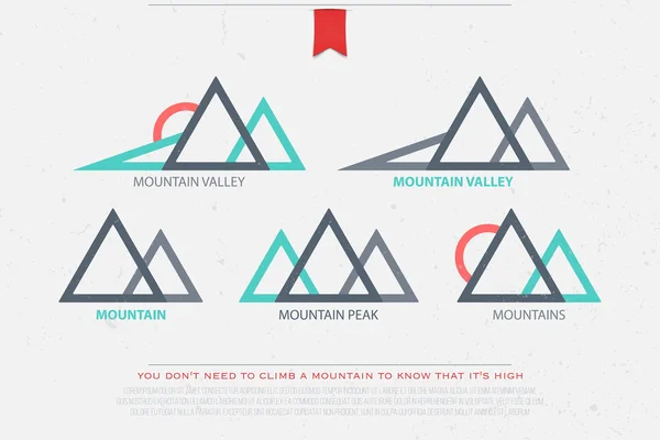 Set di icone astratte vettoriali di alta montagna. logo concetto di viaggio e arrampicata su roccia. progettazione grafica del paesaggio. logotipo della valle di montagna. vettore montain picco simbolo su sfondo grunge — Vettoriale Stock