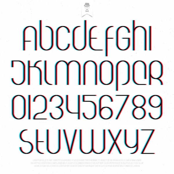 Ronda efecto 3d alfabeto letras y números sobre fondo blanco. diseño de tipo de fuente vector. distorsión letras iconos. tipografía de texto glitch estilizado. plantilla de tipografía de ilusión estereoscópica Gráficos vectoriales