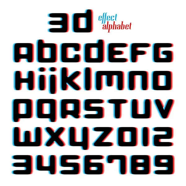 Conjunto de elegante, letras del alfabeto ilusión 3d y números aislados sobre fondo blanco. 3d efecto vector tipo de fuente de diseño. letras estilo glitch. tipografía estereoscópica, tipografía distorsionada — Vector de stock