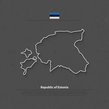Estonya Cumhuriyeti harita ve resmi bayrağı simgeleri izole. Estonya siyasi ince çizgi Haritası gri kağıt dokusu üzerinde vektör. Avrupa Birliği ülke coğrafi afiş şablon