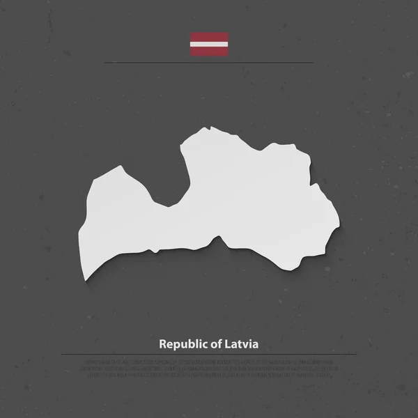 Mappa isolata della Repubblica di Lettonia e icone ufficiali della bandiera. vettore lettone mappa politica 3d illustrazione su sfondo grunge. Modello di banner geografico dello Stato baltico — Vettoriale Stock