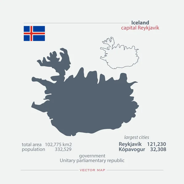 Islandská republika samostatný mapy a oficiální vlajka ikonu. vektorové ikony Icelander politickou mapu s všeobecné informace. Šablona geografické nápisu severské země. cestování do koncepce map — Stockový vektor