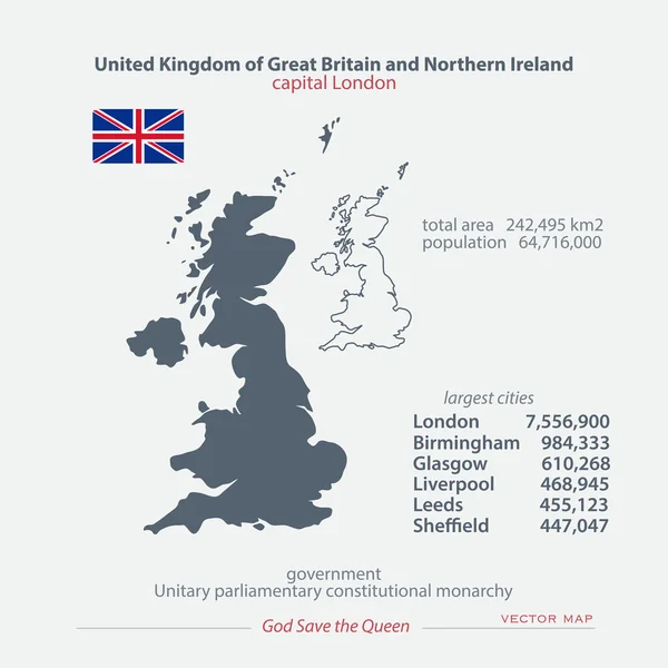 United Kingdom of Great Britain and Northern Ireland maps and official flag icon. vector British political map icons and general information. EU geographic banner template. business concept map — Stock Vector