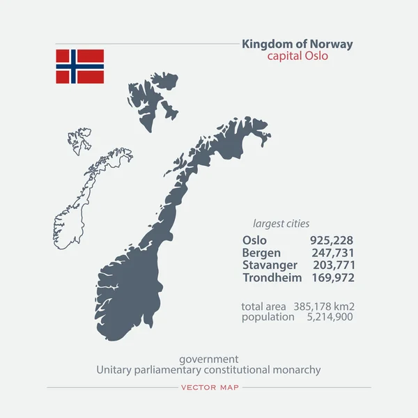 Norské království izolované mapy a oficiální vlajka ikonu. vektorové ikony norskou politickou mapu s všeobecné informace. Šablona geografické nápisu severské země. cestování a obchodní koncept mapa — Stockový vektor