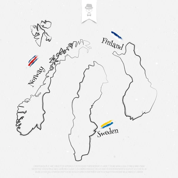 Finlândia, Suécia e Noruega delineiam mapas e cores oficiais sobre a textura do papel. mapa vetorial ícones de linha fina no fundo branco. Modelo de bandeira geográfica escandinava. viagem, logotipo conceito de negócio —  Vetores de Stock