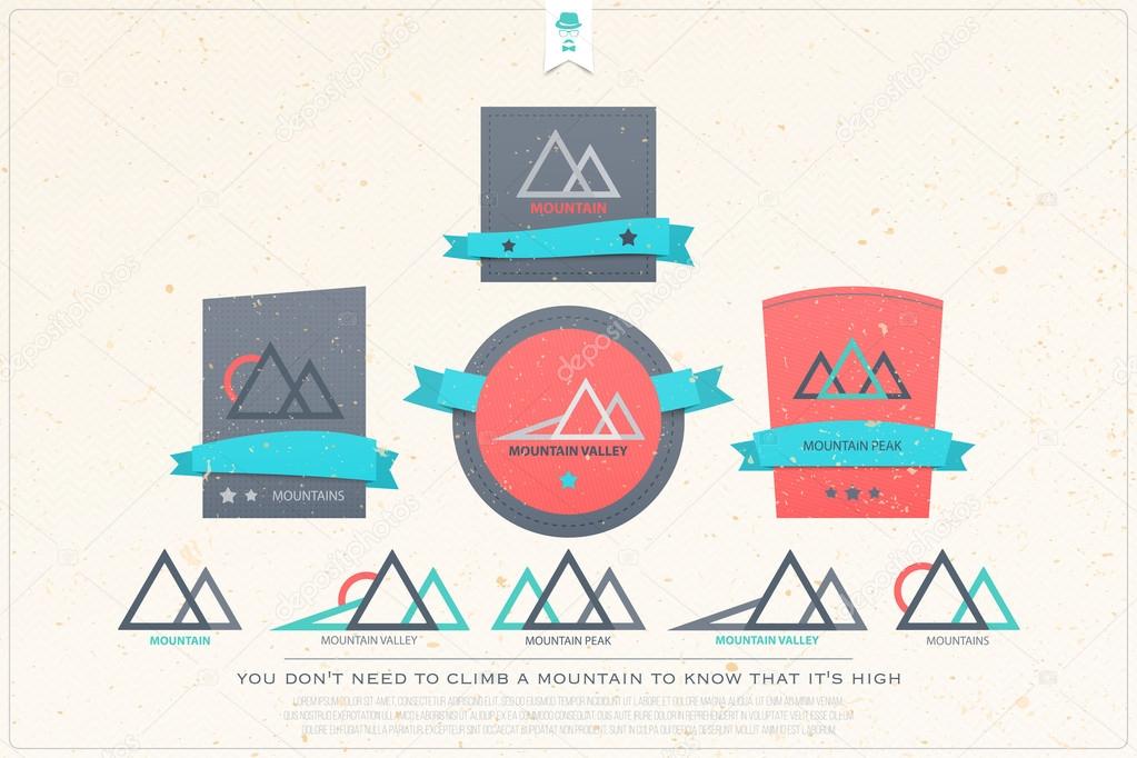 Set of abstract high mountains vector icons. travel and rock climbing concept logo. landscape graphic design. mountain valley logotype. vector mountain peak labels over grunge background
