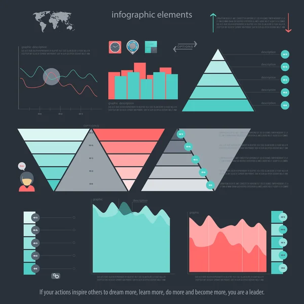 Koyu arka plan üzerinde izole Infographic öğeleri kümesi. vektör seçeneği ve zaman çizelgesi grafik sembolü. bilgi Dünya Haritası grafik simgelerle piramit. mali istatistik ve büyüme rapor sunu afiş — Stok Vektör