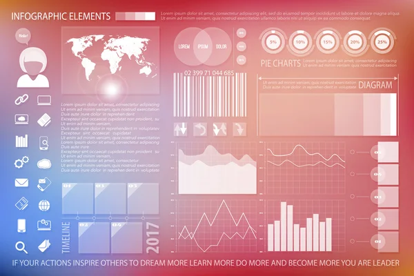 Infographic elementen, web technologie iconen. vector tijd lijn diagram, business groei tijdschema, cirkeldiagram tools, onscherpe achtergrond. financiële statistiek en marketing verslag presentatie banner — Stockvector