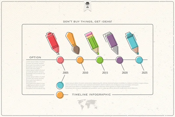 Set grafisch ontwerp pictogrammen en tijdlijn over papier textuur. vector info graphics. presentatie van het business plan of marketing rapport. creatieve werktools einde onderwijs banner sjabloon — Stockvector