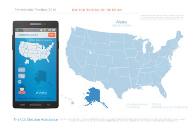 Amerika Birleşik Devletleri haritaları ve Alaska eyalet toprakları. vektör Abd siyasi haritası. Akıllı telefon için ABD seçim yardımı uygulaması