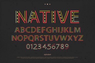 old style alphabet letters and numbers on paper texture. vector font type design. native ornament lettering. colorful, decorative typesetting. ethnic typeface template clipart
